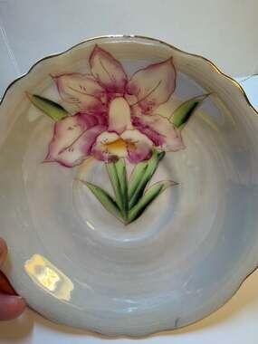 Shafford Japan Hand Painted Pink Orchid Lusterware Saucer with Scalloped Gold Ri
